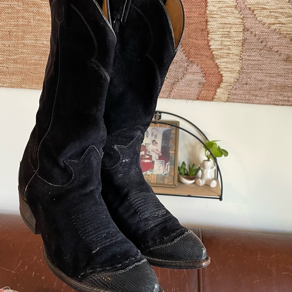 Tony Lama Black Suede and Snakeskin Patterned Leather